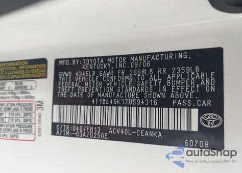 2007 Toyota Camry Le from USA, damaged, VIN 4T1BE46K17U594316